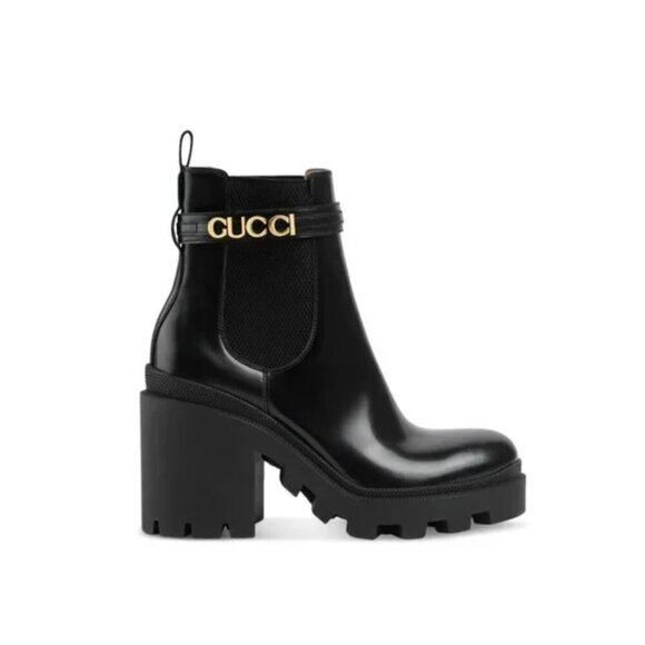 Gucci Shoes - Gucci Trip Ankle Logo Plaque Boots Womens 41.5 11.5 Black Leather Chelsea Combat